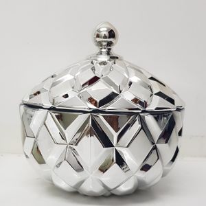 gcc39L-SV : Large Grace crystal glass jar w/ diamond embossed pattern - Shiny Silver 