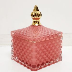 GCC121G-CO : Large Dylan Square embossed glass jar - Coral  (NOT DISHWASHER SAFE, use damp cloth ONLY)