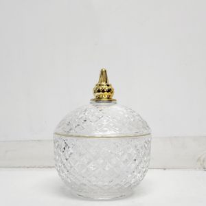 GCC50-CL : Emma Gold Round embossed trinket glass jar - Clear  (NOT DISHWASHER SAFE, use damp cloth ONLY) 