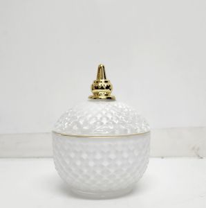 GCC50-WH : Emma Gold Round embossed trinket glass jar - White  (NOT DISHWASHER SAFE, use damp cloth ONLY) 