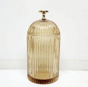 gcc701GL-AM : Large Florence Ribbed Dome glass jar - Opaque Amber / Gold