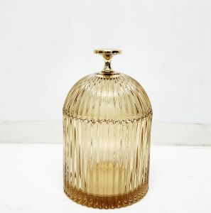 gcc701G-AM : Medium Florence Ribbed Dome glass jar - Opaque Amber / Gold