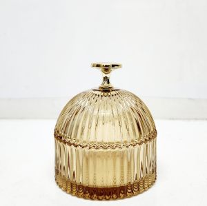 gcc701GS-AM : Small Florence Ribbed Dome  glass jar - Opaque Amber / Gold