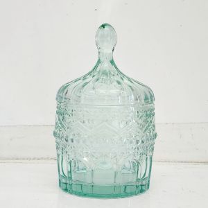 gcc14b-TL : Medina embossed trinket glass jar w/footed stem -  Opaque  Powder Teal 
