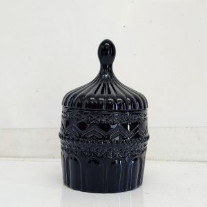 gcc14b-BK : Medina embossed trinket glass jar w/footed stem -  Opaque  Black