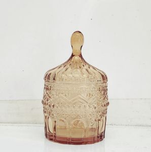 gcc14b-AM : Medina embossed trinket glass jar w/footed stem -  Opaque  Amber Gold  