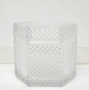 gcc57-cL : Large Octagon diamond micro-cut embossed trinket glass jar - Clear