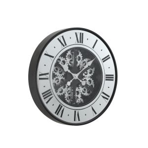 TQ-Y731-1 : D60cm Round French Mirrored Exposed Gear Movement Wall Clock - Black w/silver **SECOND - SCRATCH/DINT**