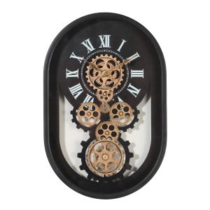 TQ-Y763 : D38cm Oval Newman exposed moving gear Wall Clock - Black 