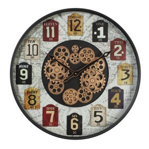 TQ-Y766 : D60cm Round Wyndham exposed gear movement Wall Clock - Black w/White 
