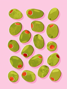 40x50cm Mounted Print : Pink Stuffed Green Olives Art