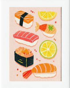 40x50cm Mounted Print :  Pink  Sushi Onigiri Brush Art