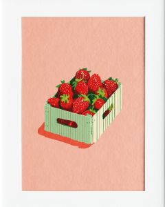 40x50cm Mounted Print :  Pink  Strawberry Punnet Art