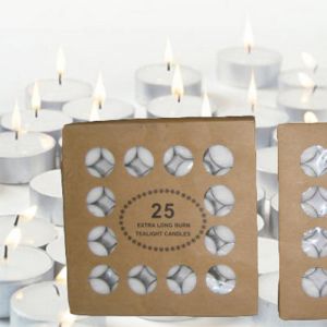 CT25 : 25 x unscented 9 hour tealight in cardboard box