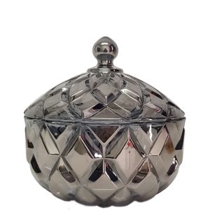 gcc39L-GY : Grace crystal glass jar w/ diamond embossed pattern - Large  (Lazer Color: Smoky Grey) 