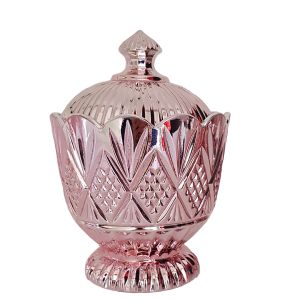 gcc40-CP : Harrod crystal glass jar w/ footed stem diamond embossed pattern - Rose Gold Copper wash 