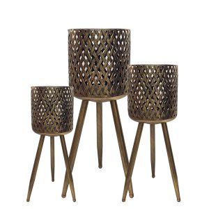 L123 : Set of 3 Denis gold washed metal planters with tripod stand legs **SOLDOUT**