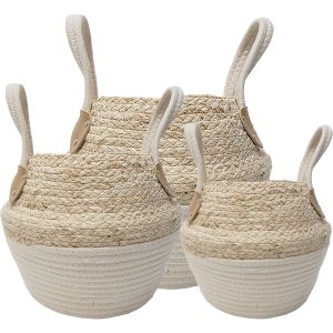 LF-M12-1 : set/3 Ramon collapsible storage basket w/handles - 2-tone natural / white 