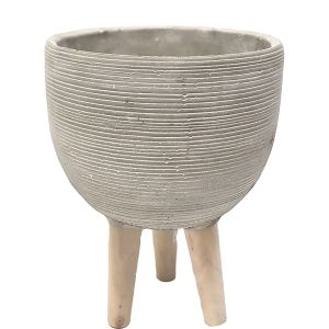 LS173-GY : D20cm ribbed cement pot wooden leg planter  - Taupe grey 