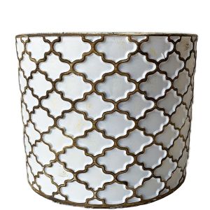 LS204-W :  Imperial Gold pattern round cement planter pot - H20cm - WHITE W/GOLD RUSTIC WASH **SOLDOUT - DISCONTINUED**
