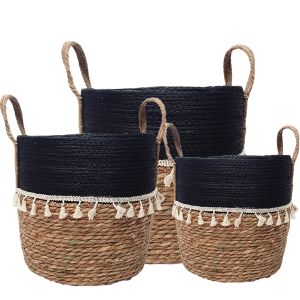 MJ-01WLA : set/3 Trish V-shape basket (plastic lined) with tassles - 2-tone - natural / black