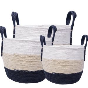 MJ-03WLB : set/3 Venus tri-color round storage basket (plastic lined) w/handles - Black/white/beige