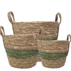 MJ-18WL : set/3 Tracey V-shape basket ( plastic lined) with handles  - Natural / Green **SOLDOUT **
