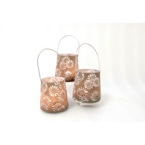 RH04D-T : Large resin hanging lantern tealight urban floral pattern - taupe RH04D-T