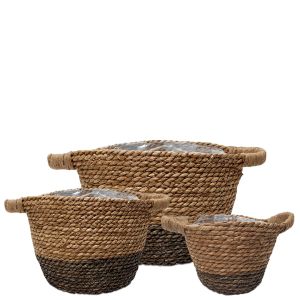 SG-LY007 : Set/3 Hemsley tapered garden planter (plastic lined) w/ handles - natural & grey