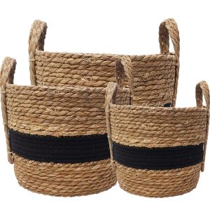 MJ06037b : Set/3 Andrew striped storage hamper w/handles - Black/Natural