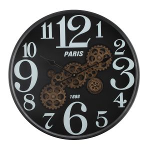 TQ-E03-1 : D60cm Round Modern Paris Industrial Exposed Gear Movement  Wall Clock - Black **SECOND - SCRATCH/DINT/MARKS**