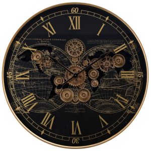 D100cm Round Vasco Map Industrial moving cogs wall clock -  Black w/Gold 