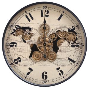 D60cm Round Vasco Map Industrial moving cogs wall clock - Beige w/Black Wash