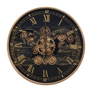 D60cm Round Vasco Map Industrial moving cogs wall clock - Black w/Gold