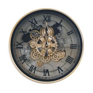 D40cm Round Marco Map Industrial moving cogs wall clock - Silver w/Black Wash