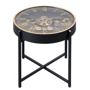 2 in 1 D50cm Round  Vasco Map moving cogs wall clock side table - Black wash w/beige **AVAILABLE MID SEPTEMBER 2025**