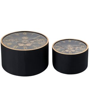 Set of 2 Round Vasco Map moving cogs clock coffee table - Black w/Gold **AVAILABLE MID SEPTEMBER 2025**