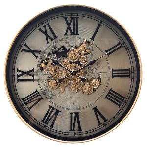D80cm Round Marco Map Industrial moving cogs wall clock - Silver w/Gold Wash **AVAILABLE MID SEPTEMBER 2025**