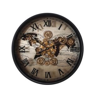D47cm Round Vasco Map Industrial moving cogs wall clock - Silver w/Black