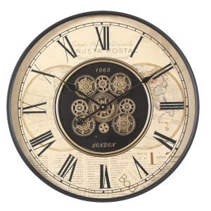 D60cm Round 1968 London moving cogs wall clock - Black w/Natural