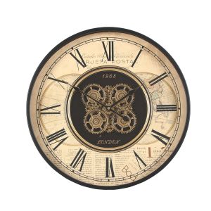 D47cm Round 1968 London moving cogs wall clock - Black w/Natural