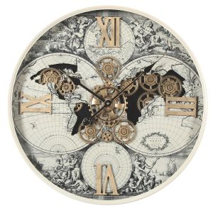 D60cm Round Magellan Map Industrial moving cogs wall clock - White / Beige