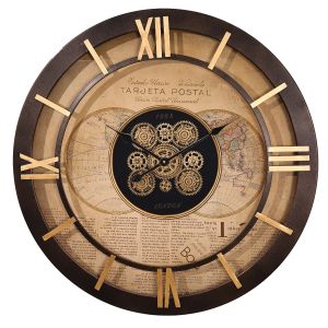 D80cm Round 1968 Navigator Map Industrial moving cogs wall clock- Chocolate w/Natural