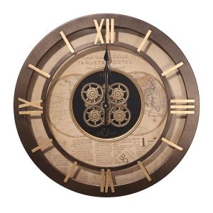 D60cm Round 1968 Navigator Map Industrial moving cogs wall clock- Chocolate w/Natural