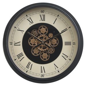 D60cm Round Mont Claire moving cogs wall clock - Black Metal w/Beige