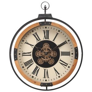 D60cm Round Clayton FOB Wooden Moving Cogs Wall Clock - Natural w/black