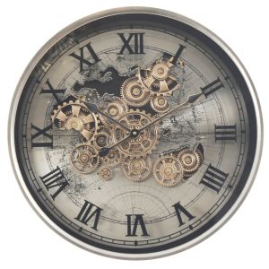 D60cm Round Marco Map Industrial moving cogs wall clock - Silver w/Black Wash