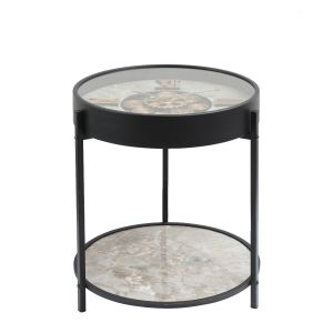 2 in 1 D50cm Round Baroque moving cogs wall clock side table - Black wash w/beige