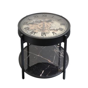 2 in 1 D50cm Round Marco Map moving cogs wall clock side table - Black & Silver 