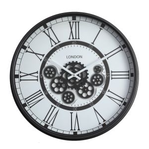 TQ-Y671 : D54cm Round London Modern Exposed Moving Gears Wall Clock - Black w/ white